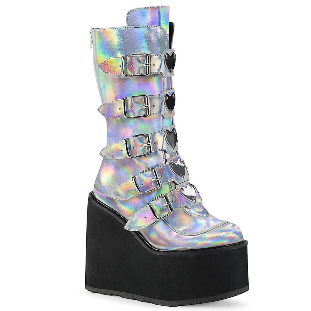 Bottes Hauteur Genoux Demonia Swing 230 Hologramme Vegan Cuir Femme - Argent 89360-BAGK